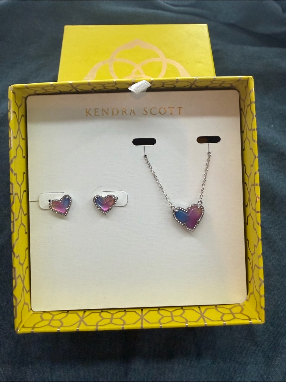 Kendra Scott Pink and Purple Heart Necklace with Matching Studs